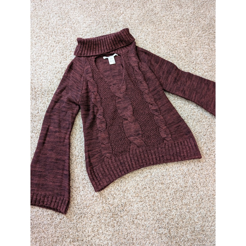 American Rag Cie Burgundy Cable Knit Choker V-Neck Bell Sleeve Sweater Medium